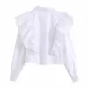 Élégant Chic blanc évider volants chemisier court femmes mode col rabattu hauts élégant dames boutons chemises 210520