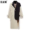 [EAM] Donna Khaki Big Size Asimmetrico Trench Risvolto Manica lunga Loose Fit Giacca a vento Moda Primavera Autunno 1K912 210825