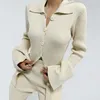 Elegant Knitted Two Piece Set Women Ribbed Zipper Flare Sleeve Shirts Tops And Elastic Waist Pants Suit Slim Female Outfit 211105