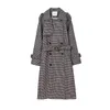 Vintage Houndstooth Woolen Coat Double breasted Long autumn outfits for women 210421