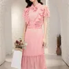 PERHAPS U Pink Polka Dot Bow Collar Ruffle Sleeve Short Sleeve Dress Trumpet Mermaid Ruffle Button Criss-cross Bow Summer D1395 210529