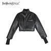 PU Leather Thick Jacket For Women Lapel Long Sleeve Streetwear Short Tops Female Fashion Clothing Style 210524