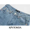 KPYTOMOA Kadınlar Chic Moda Yüksek Bel Düz Kot Vintage Düğmeler Sinek Cepler Kot Pantolon Kadın Ayak Bileği Pantolon Jean 210809