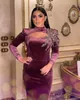 2022 Plus Size Árabe ASO EBI Roxo Veludo Sexy Prom Vestidos Frisado Cristais Noite Formal Partido Segundo Recepção Aniversário Vestidos de Noivado Vestido