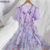 Kvinnor Klänning Koreansk Sequined Butterfly Robe Sweet Gaze Elegant Hög midja Vestidos Sommarpuffhylsa V-Neck Mini Dresses 210519