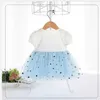 Yaz Çocuk Kız Elbise Dantel Yay Yıldızlı Gökyüzü Prenses Elbiseler Sevimli Stil Çocuk Giysileri E9209 210610