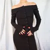 Women Dress Slash Neck Off Shoulder Knitting Dresses Long Sleeve Pink Black Gray Casual 210513