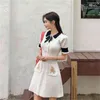夏のビンテージ韓国のニットミニドレス女性半袖ボウタイポケット刺繍ファッションエレガントな女性ドレスMujer 210513