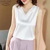 Elegant White Tank Top Satin Vest Women Fashion Lace Collar Plus Size Clothing Sexy V-neck Embroidery Sleeveless 13695 210506