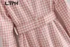 Vintage Simple Pink Plaid Blazers Coat Slim Long Mouw Sjerpen Zoet All-match Casual Jassen Dames Blazer Spring 210427