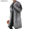 Mäns Luxury North Winter Warm Faux Fur Long Jacket Märke Faux Fur Tjockad Notched Overcoat Men Punk Outwear Grey 210522