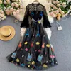 Singreiny Wysokiej Jakości Mesh Haft Sukienka Kobiety Koreański Mody Design Dresses Dresses Wiosna Chic Streetwear Długa Dress 210419