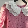 Women Yellow Hollow Out Dress Lace Peter Pan Collar Short Puff Sleeve Loose Fashion Spring Summer 16F0681 210510