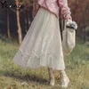 Lato Haft Mesh Tulle Plisowany Spódnica Kobiety Koreański Styl Moda Elastyczna Wysoka Talia Długi Vintage Czarny Midi 210421