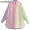 Green Pink Hit Color Patchwork Fashion Loose Shirts Summer Drop Shoulder Long Sleeve High Low Hem Women Casual Blouses 210604