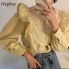 Zarif Ruffles Patchwork Ince Bluz Kadınlar Çift Bebek Yaka Puff Uzun Kollu Blusas Bahar Katı Gömlek 210422