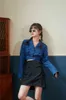 Zebra Print Blue Crop Top Długim Rękawem Kobiety Bluzka V Neck Button Up Moda Topy i Bloues Odzież 210427