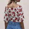 Korean Sexy print Chiffon shirt tops lady blouse womens V-neck elegant Flowers Cross Lacing up Top women blouse and shirts 210514