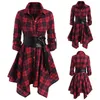 Casual Jurken Elegante Lange Mouw Rode Plaid Shirt Dames Turn Down Collar Ruffle Hem Single Breasted Herfst Feestjurk Corset Vestidos