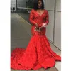 Robe de bal rouge à manches longues, col en V, fleurs roses 3D, traîne de balayage, robe de soirée sirène, taille personnalisée, robe de soirée de célébrité, 262A