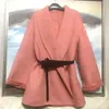 Women's Wool & Blends 2021 Double-sided Cashmere Coat Short Small Leather Belt Hepburn