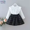 Girls Clothing Sets Spring And Autumn Baby Fashion Ruffles Shirt + Black White Plaid skirt 2pcs Kids Suit 210611