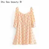 summer fashion female vintage chic polka dot print square collar three-quarter sleeves slim mini dress for women 210508