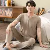 Os pijamas de algodão modal masculino definem verão tops de manga curta + calças longas nightwear Casa desgaste ternos simples moda sleepwear para homens 211111