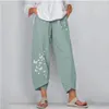 夏のカジュアルな緩い綿とリネンワイドレッグパンツ女性ファッションポケット緑のズボン婦人服Femme 210517