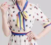 Designer Runway Summer Women Striped Bow Tie Collar Ladybird Pattern Printed Vintage Casual Medium-length Dress 210416