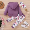 3-24M Otoño Nacido Bebé Niña Ropa Conjunto Letra Con Capucha Camiseta Top Pantalones Florales Trajes Trajes 210515