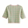 Groene Plaid Crop Top Vrouwelijke Lente Jassen Korte Mouw Knoop-Down Dunne Zomer Cardigan Vrouw Geruite Jas 210519