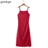 Fashion Women Red Satin Sling Sexy Dress Romantic Backless Sleeveless Hem Slits Summer Long Night Out Vestido 210514