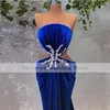 Royal Blue Gown Women Prom Dress Mermaid Velvet Beads Strapless Cutway Side Sexy African Girl Evening Party Dresses