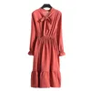 Women chiffon dress spring summer female elegant vintage long sleeve solid a-line es office lady casual 210423