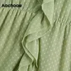 Chic Women Ruffles Lace Chiffon Dresses Female V Neck Sweet Midi Long Sleeve A Line Elegant Dress 210413