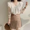 Korean Chic Blouse Spring Vintage V-neck Double-layered Lace Shirt Women Stitched Loose Long-sleeved Top 13721 210508