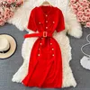 Neploe Stand Collar Office Elegant Robe Female Short Sleeve Button Double Breasted Dress Woman Belt Slim Waist Split Vestidos Y0726