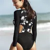 Women's Swimwear Black White Floral Print Long Sleeve Surfing Suit Zipper Back One Piece Swimsuit Vintage Retro Cut Out Bathing