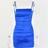 Articat Spaghetti Strap Mini Satin Dress Women Sexy Backless Cross Bandage Bodycon Party Dresses Pleated Stretch Short Club