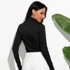 Bright Silk Black Bodysuits Women Casual Half Turtleneck Long Sleeve Rompers Autumn Winter Bodycon Bottoming Playsuits 210526