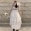 Moda Rahat Yaz Dantel Elbise Kadın Spagetti Kayışı Düzensiz See Beyaz Seksi Uzun Kadın Plaj Tatil Elbiseleri 210514