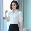 Koreańskie Koszule Kobiet Koszule Kobieta V Neck Bluzki Szyfon Białe Topy Plus Size Office Lady Puff Sleeve 210604