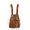 Crocodile Suspender PU Skirts Womens High Waist Brown Button Faux Leather Mini A-line Skirt Vintage Chic Skirt Bottoms 210415