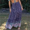 Floral Print Bohemian Long Skrits Womens High Waist Blue Hollow Out Maxi Skirt A-line Summer Casual Bottoms 210427