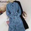 Korobov Korean Hit Color Bow Collar Women Dress Vintage Single Breasted A-Line Dresses Office Lady Knit Slim Vestidos Femme 210430