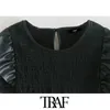 Women Chic Fashion Faux Leather Elastic Smocked Midi Dress Vintage O Neck Ruffled Sleeve Female Dresses Mujer 210507