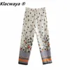 Klacwaya Frauen 2021 Mode Seite Taschen Blumen Druck Hosen Vintage Hohe Elastische Taille Zipper Chic Weibliche Knöchel Hosen Mujer Q0801