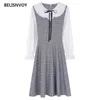 Estilo Preppy Primavera Outono Mulheres Bonito Vestido Patchwork Pregue Vestidos Kawaii Ribbon Elegante Mujer 210520