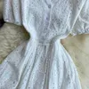 Sexy Hollow Out White Embroidered Long Dress Women Elegant V-Neck Single Breasted Short Puff Sleeve High Waist Robe Summer 2021 Y0603